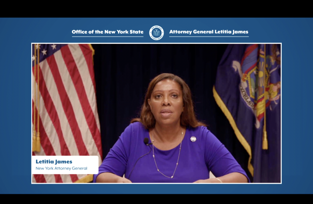 New York Attorney General Letitia James speaks at a virtual press conference on July 27, 2023.